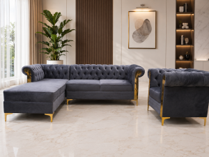 Gray Chesterfield L shape and a single seater. Available on ground product.