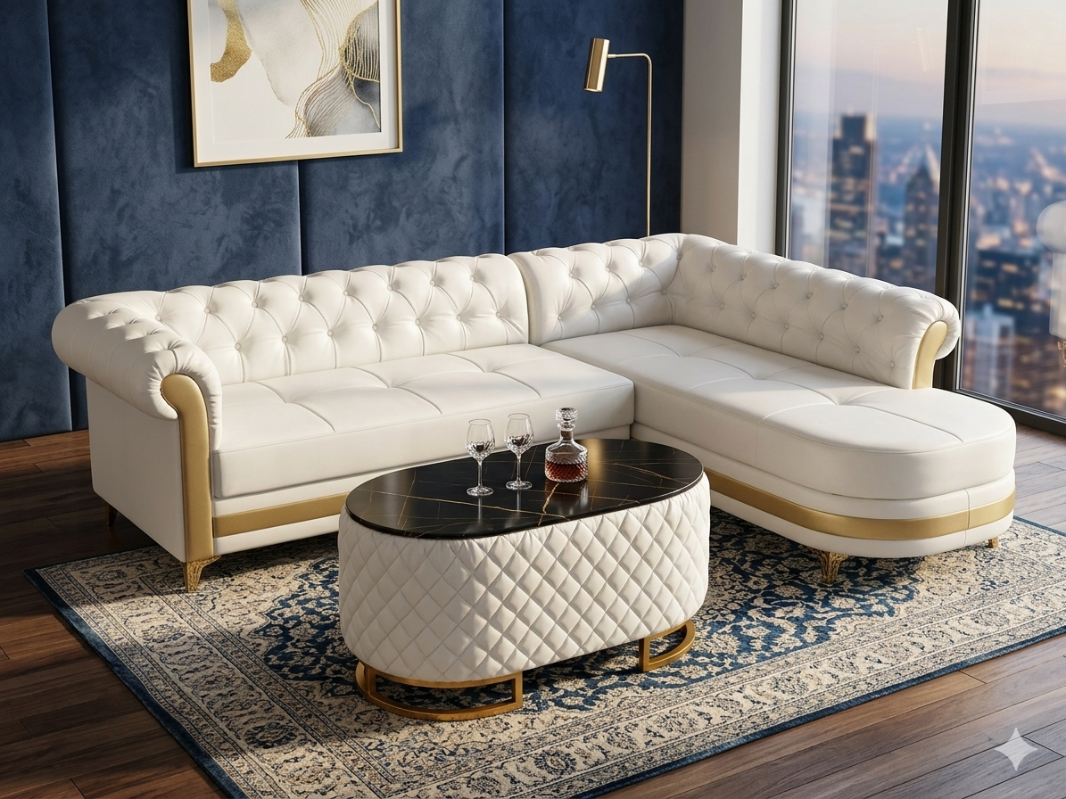 White Leather Chesterfield L shape sofa. Available on ground product.